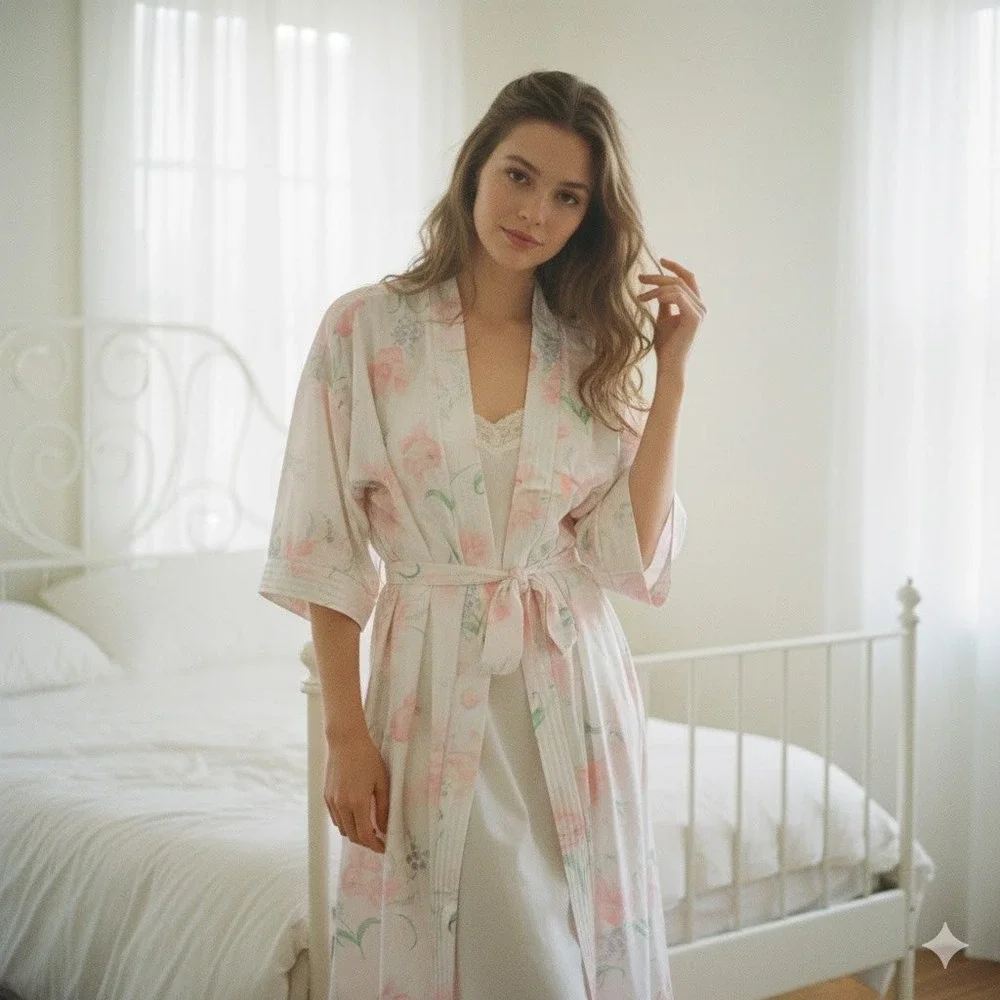 Apostrophe Womens Floral Robe Kimono Size Large Vintage Sears Romantic 90s Sleep